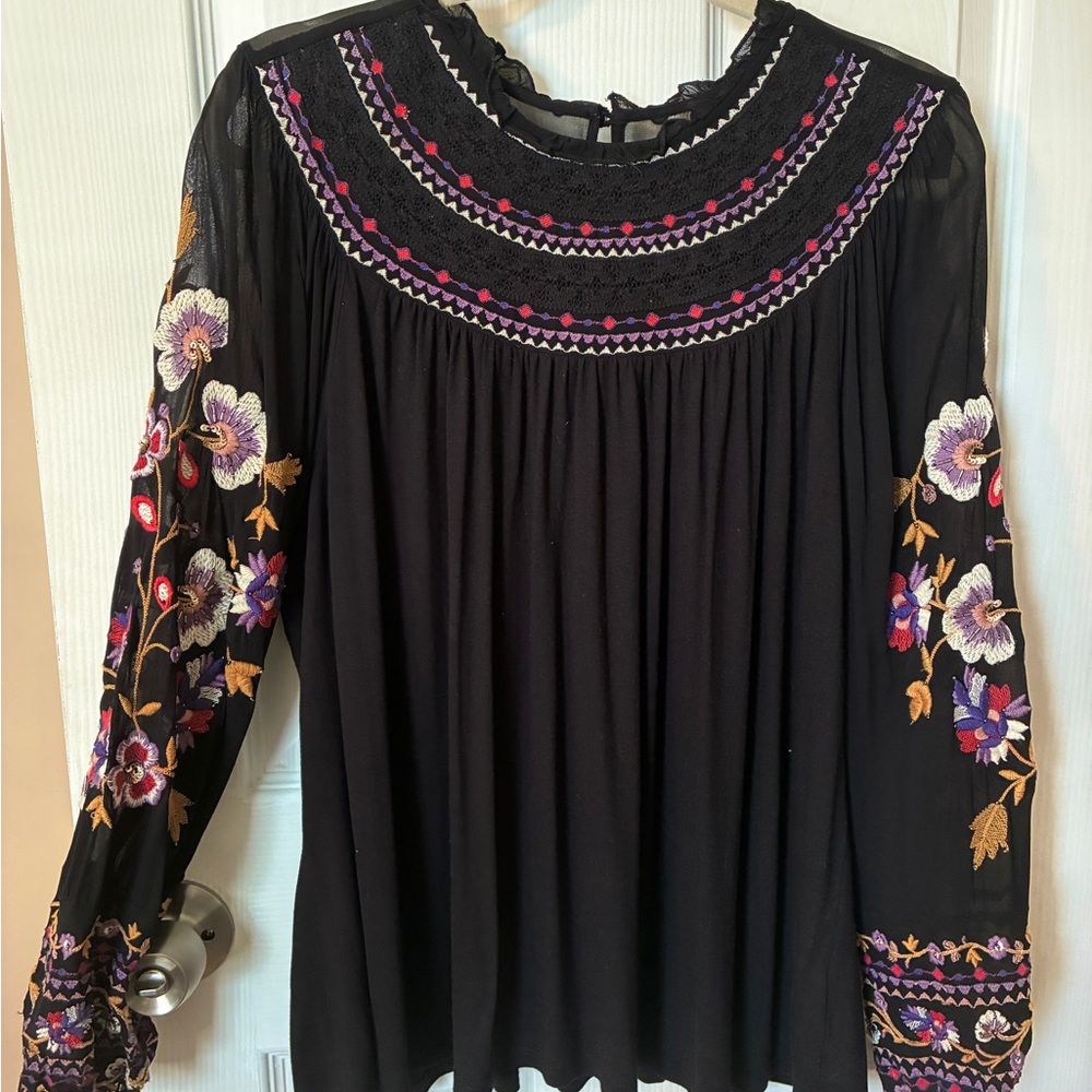 Anthropologie Embroidered Black Peasant Blouse